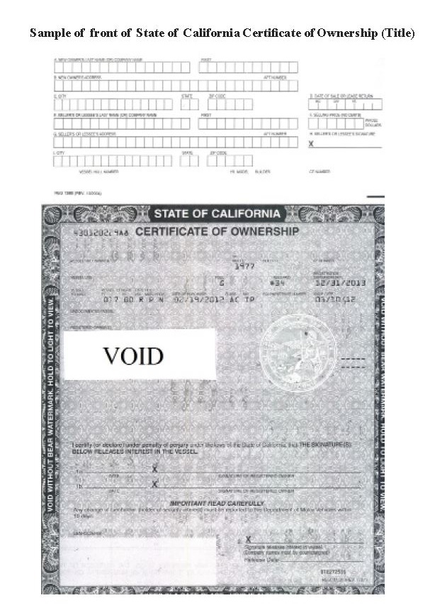 sample front of State of California Certificate of Ownership (title)