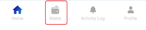 M D L banner with icons for home, wallet, activity log, and profile. Activity log is on the center-left of the bar and is highlighted in a box.