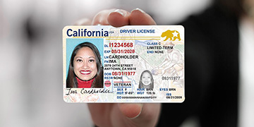 Hand holding up California driver's license.